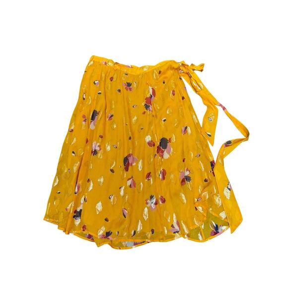 Sézane Silk Floral Wrap Skirt Yellow Gold Metallic Midi 44 US 12 Viscose Lining - Picture 9 of 14